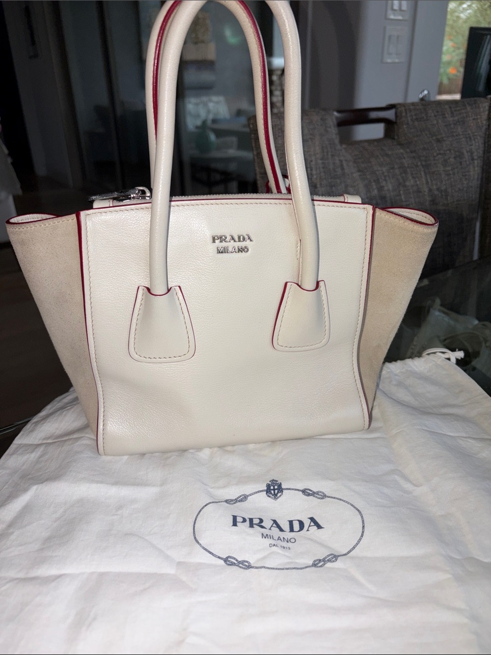 Prada Cream Leather Tote with Red Trim